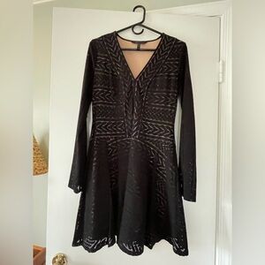 BCBGMaxAzria Black Long Sleeve Dress with Patterned Detail